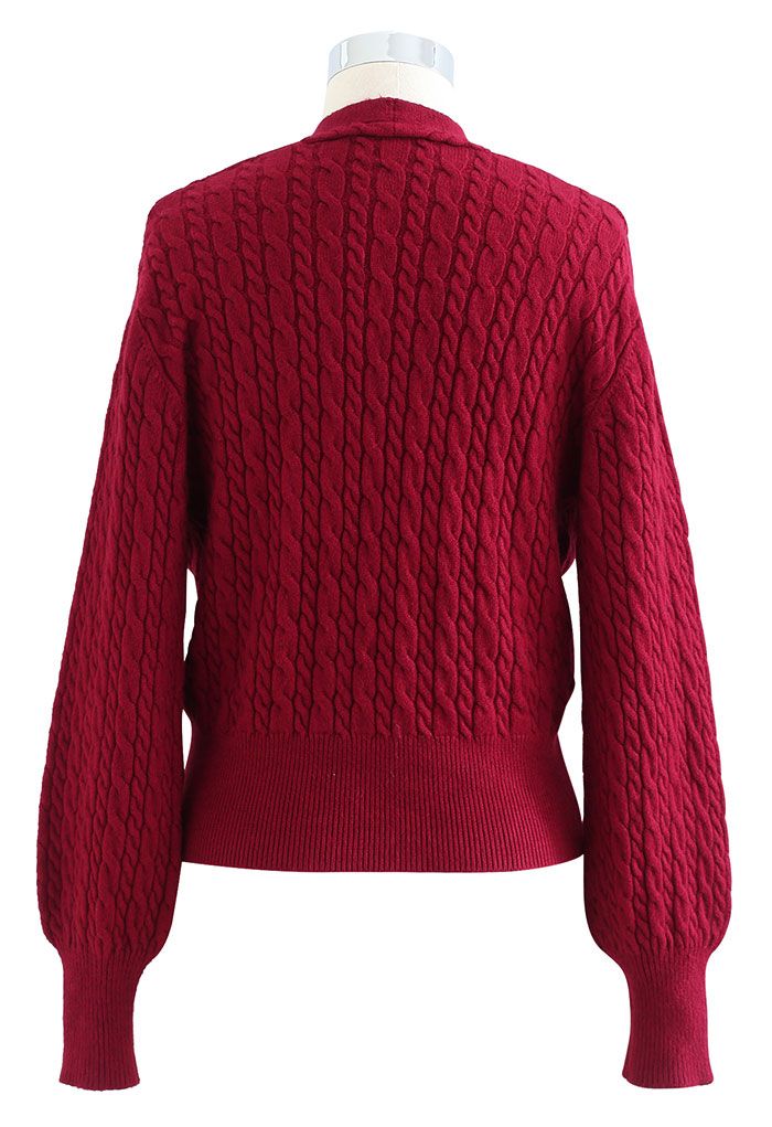 Cable Knit Wrap Front Crop Sweater in Red