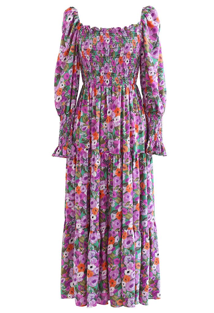 Robe mi-longue froncée à fleurs aquarelle en lilas