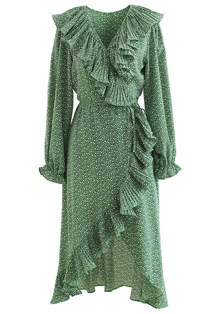 Robe mi-longue asymétrique à volants fleuris en vert