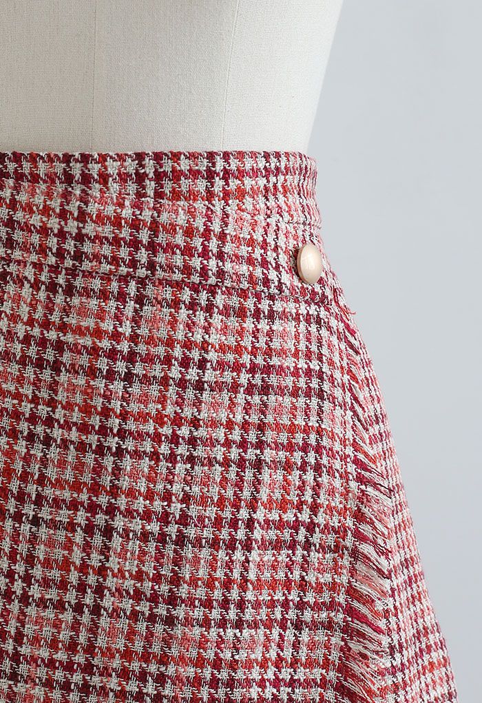 Mini jupe à rabat en tweed pied-de-poule à pampilles en rouge