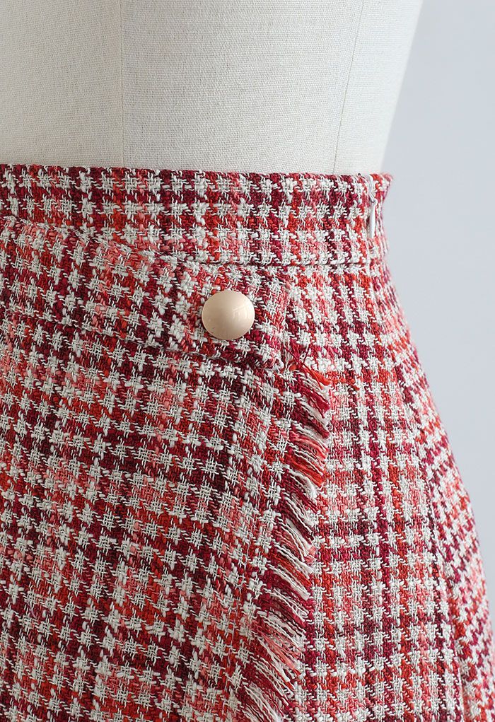 Mini jupe à rabat en tweed pied-de-poule à pampilles en rouge
