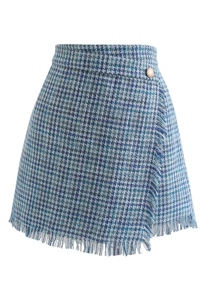 Mini jupe à rabat en tweed pied-de-poule à pampilles en bleu