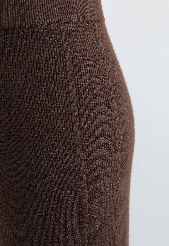 Pantalon à jambe droite en tricot à double tresses en marron