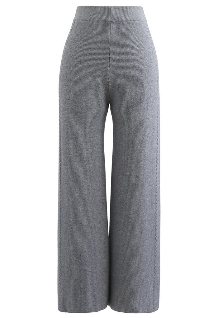 Pantalon à jambe droite en tricot à double tresses en gris