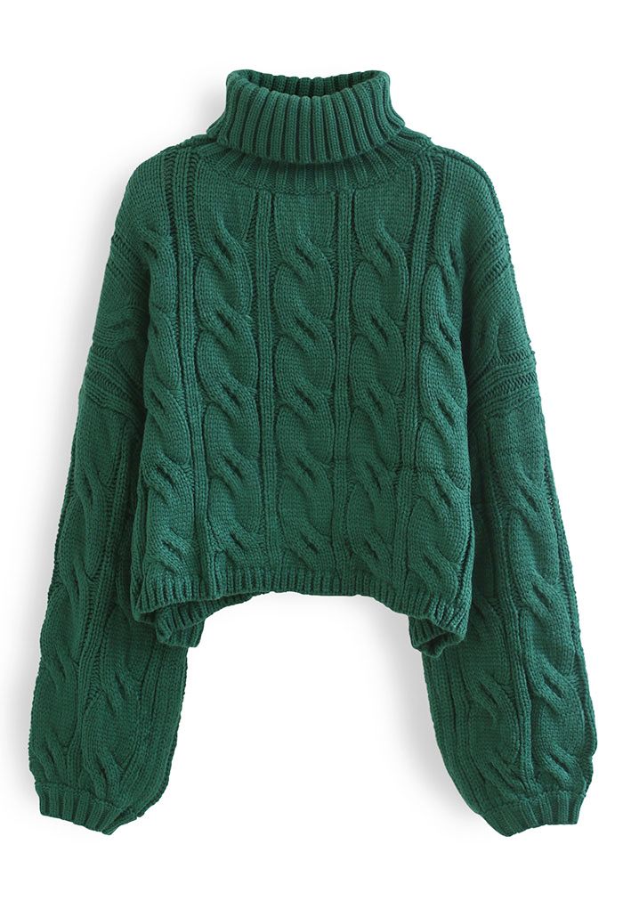 Pull court en tricot tressé à col roulé en vert