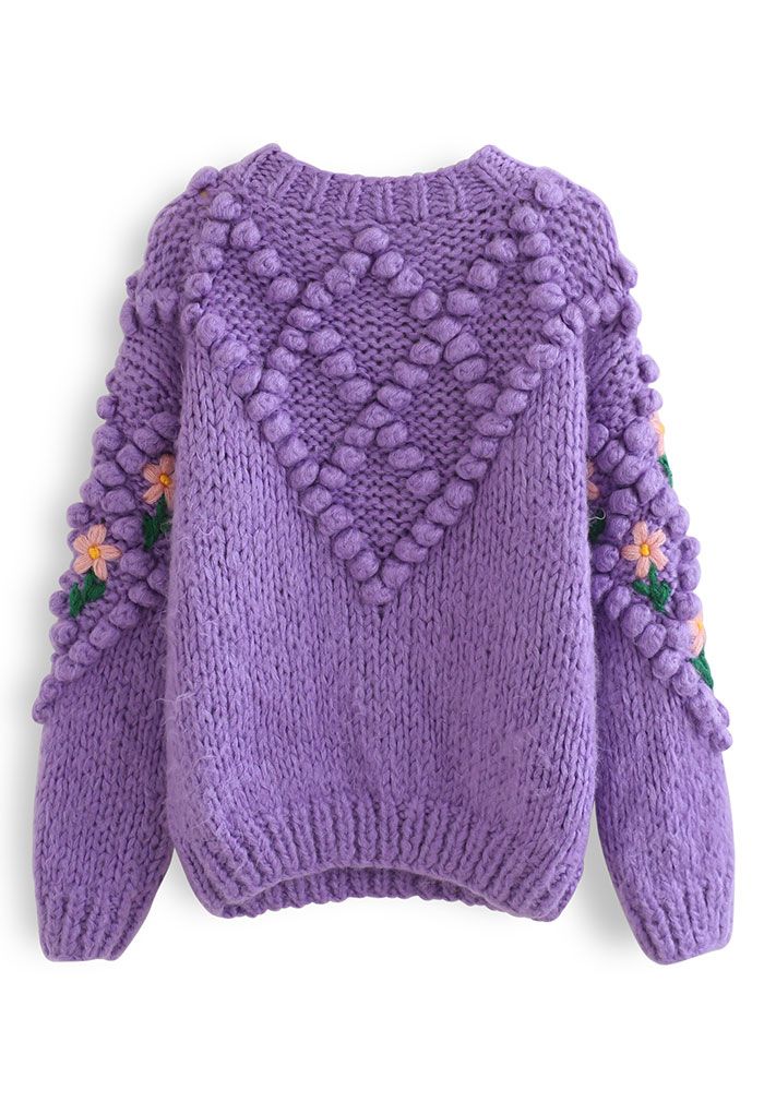 Pull tricoté à la main à pompons et diamants Stitch Floral en violet