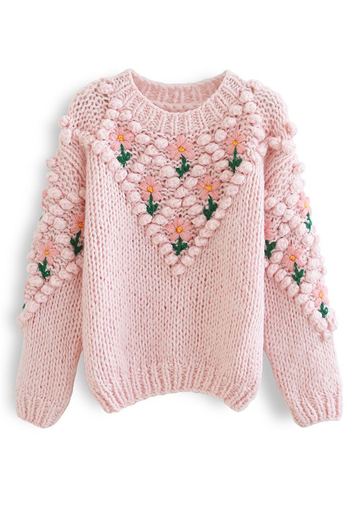 Pull tricoté à la main à pompons et losanges floraux Stitch en rose