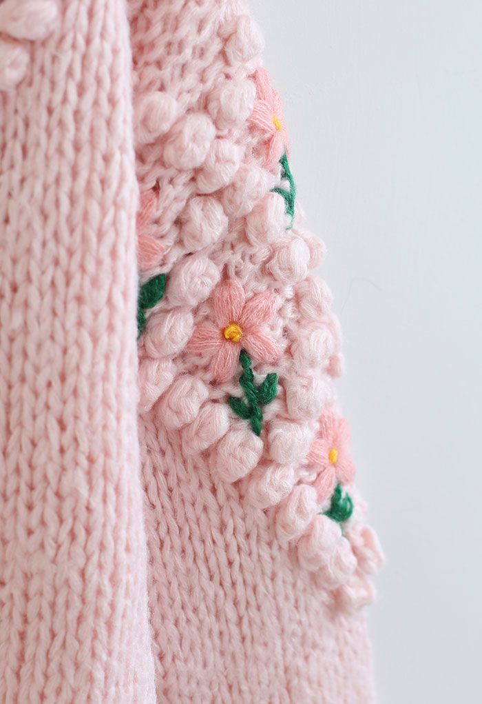 Pull tricoté à la main à pompons et losanges floraux Stitch en rose