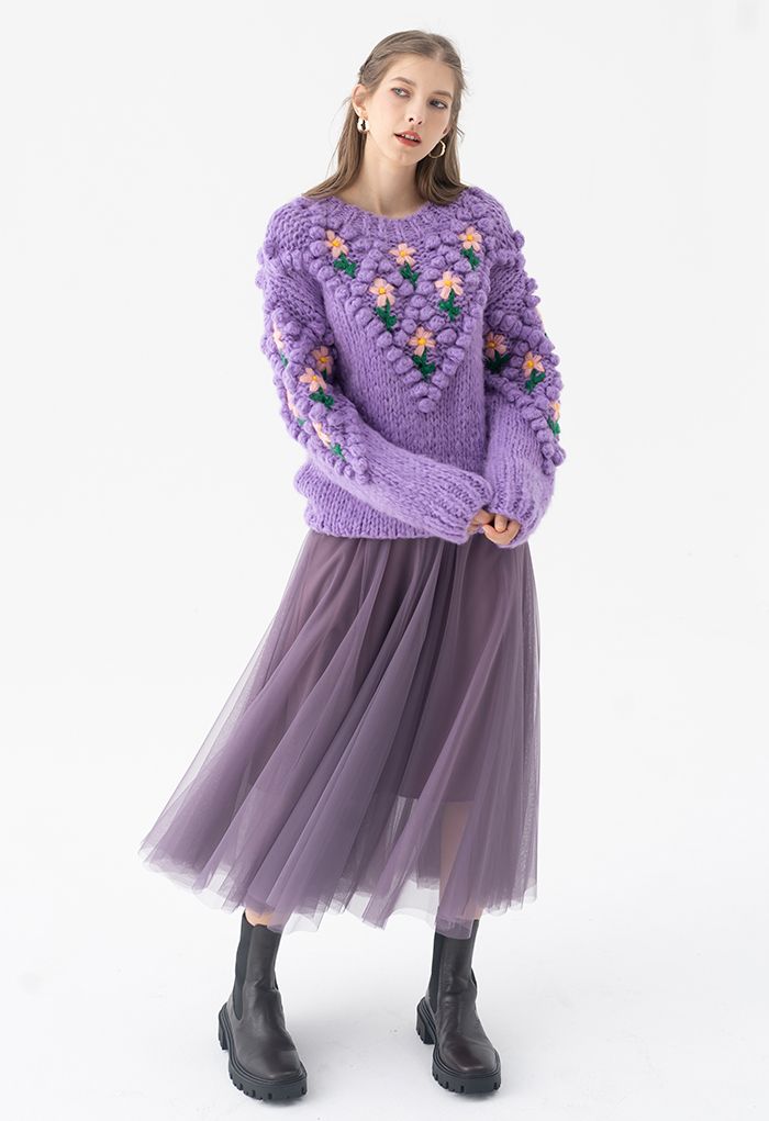 Pull tricoté à la main à pompons et diamants Stitch Floral en violet
