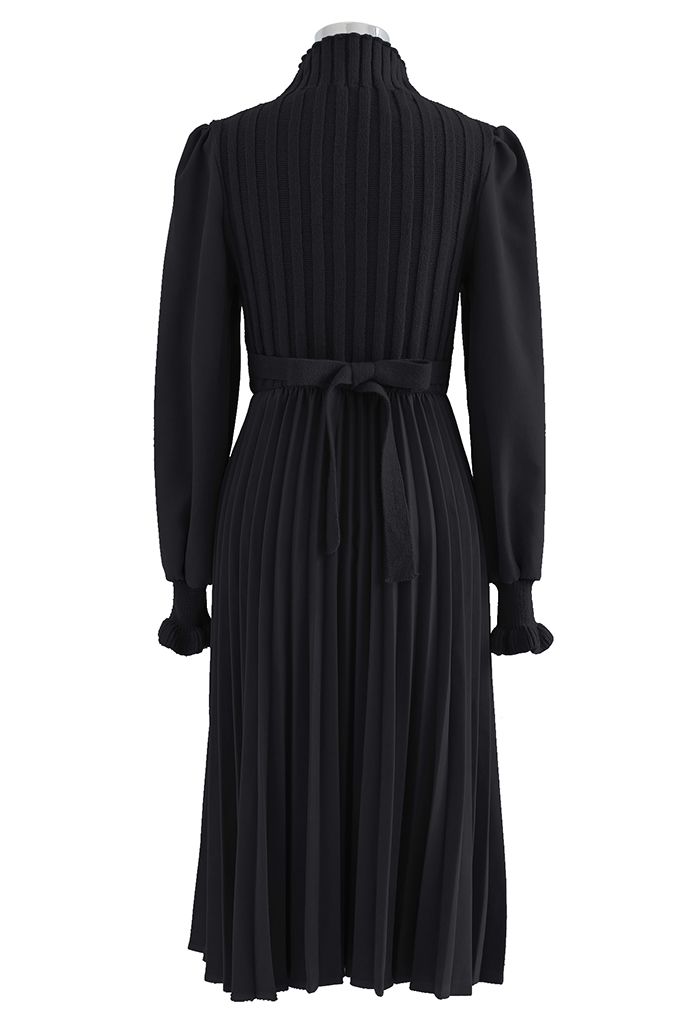 Robe mi-longue plissée épissée en tricot torsadé en noir