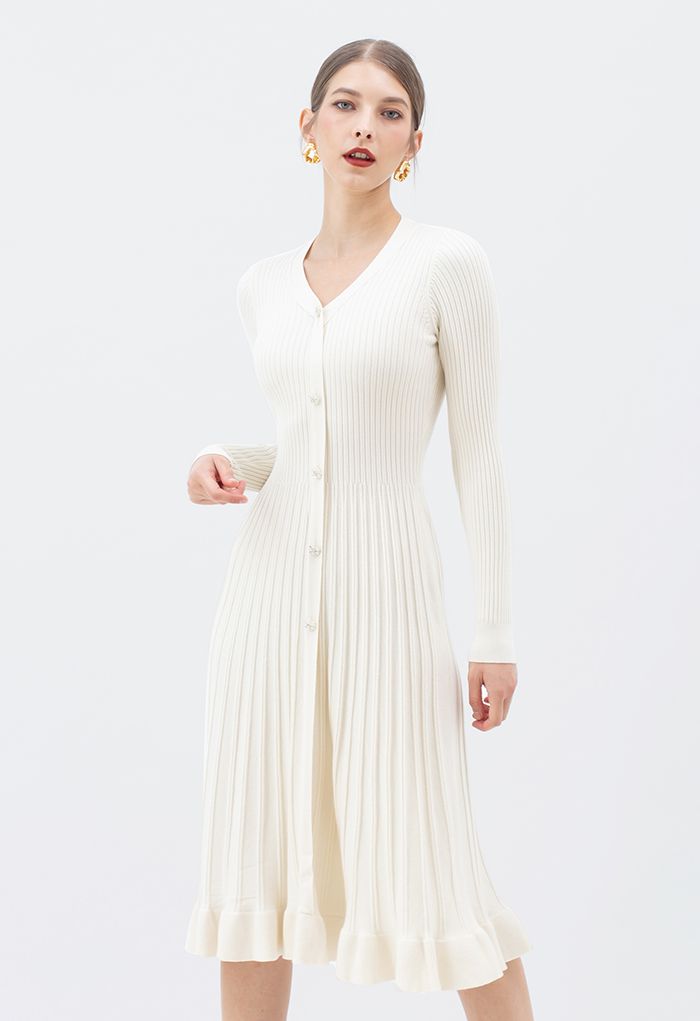 Button Front Ribbed Knit A-line Midi ...