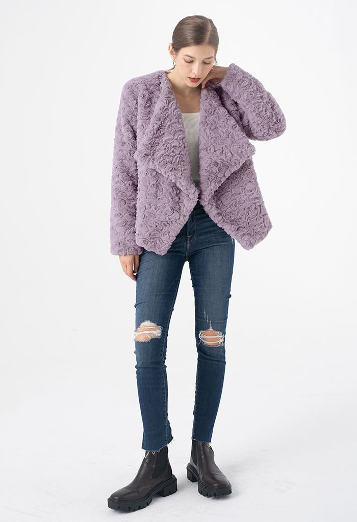Manteau en fausse fourrure confortable à revers larges en violet