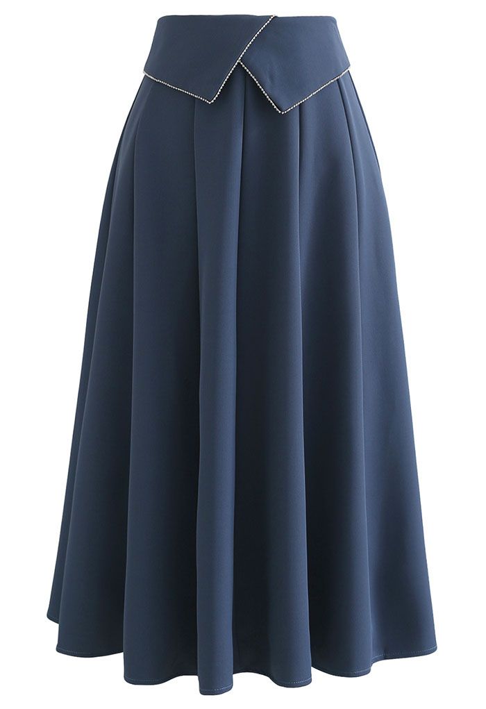 Jupe mi-longue avec coutures à rabat en cristal en bleu poussiéreux