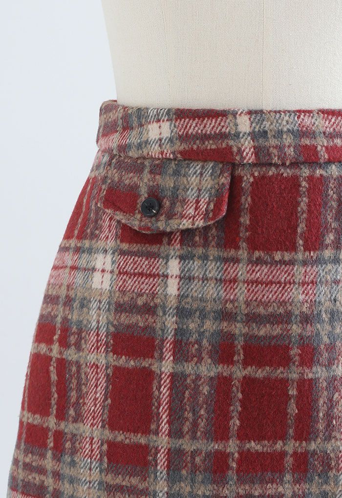 Mini-jupe rouge en laine mélangée à carreaux
