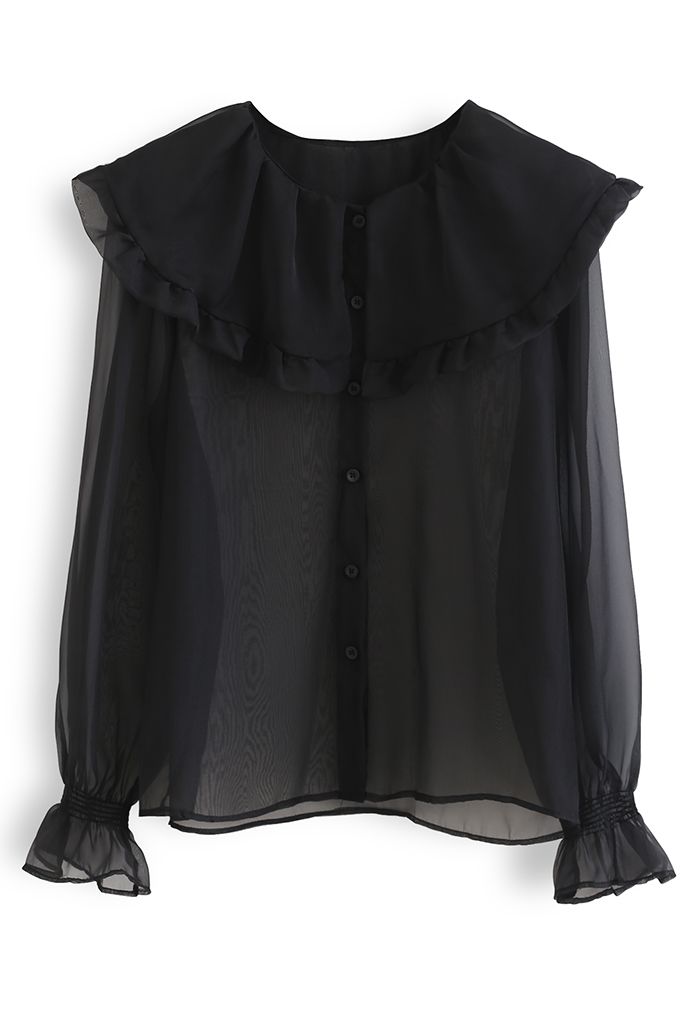 Chemise transparente à col claudine exagéré en noir