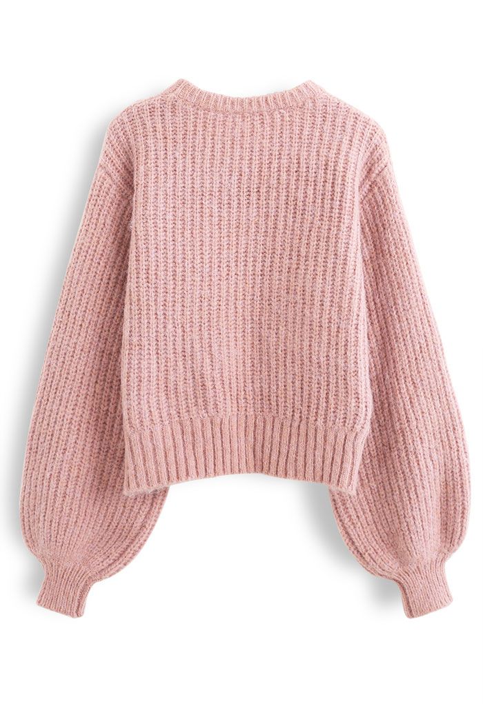 Pull côtelé en tricot mélangé à pompons pelucheux en rose