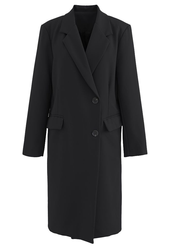 Manteau long à poche à simple boutonnage en noir