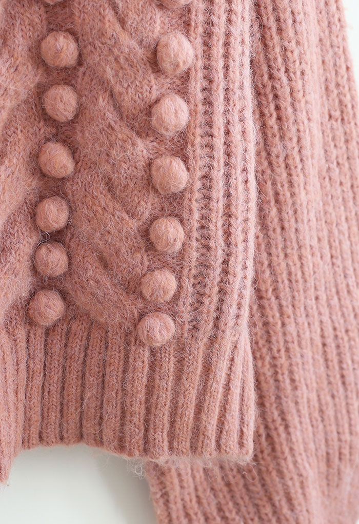 Pull côtelé en tricot mélangé à pompons pelucheux en rose