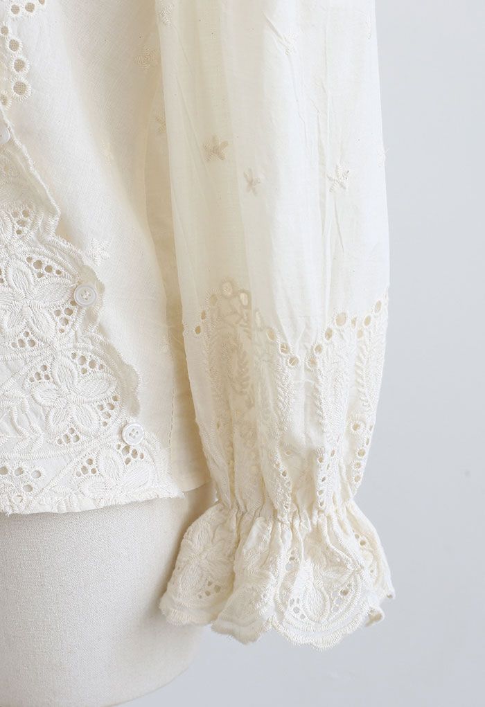 Embroidered Surplice Neck Cotton Wrap Top in Cream