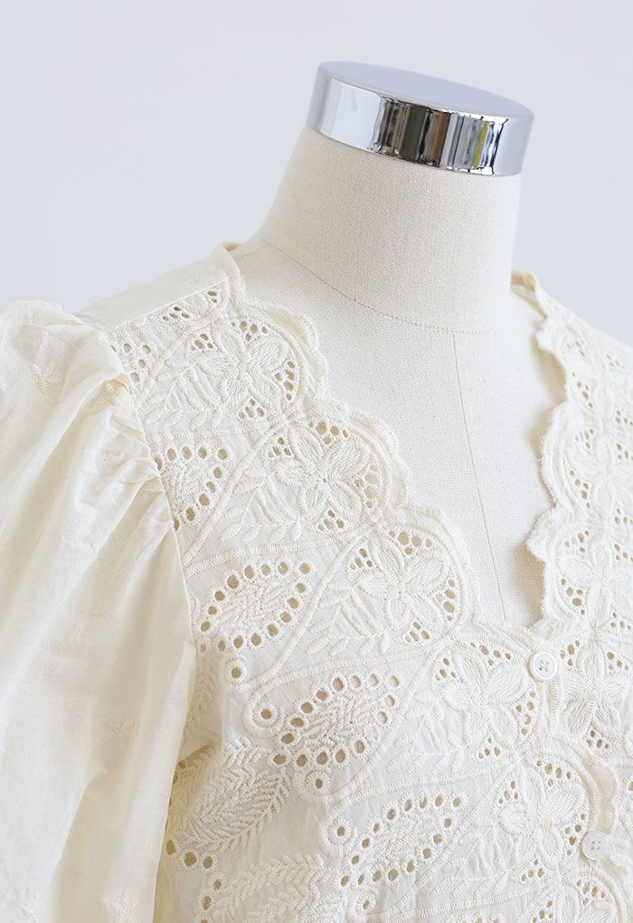 Embroidered Surplice Neck Cotton Wrap Top in Cream