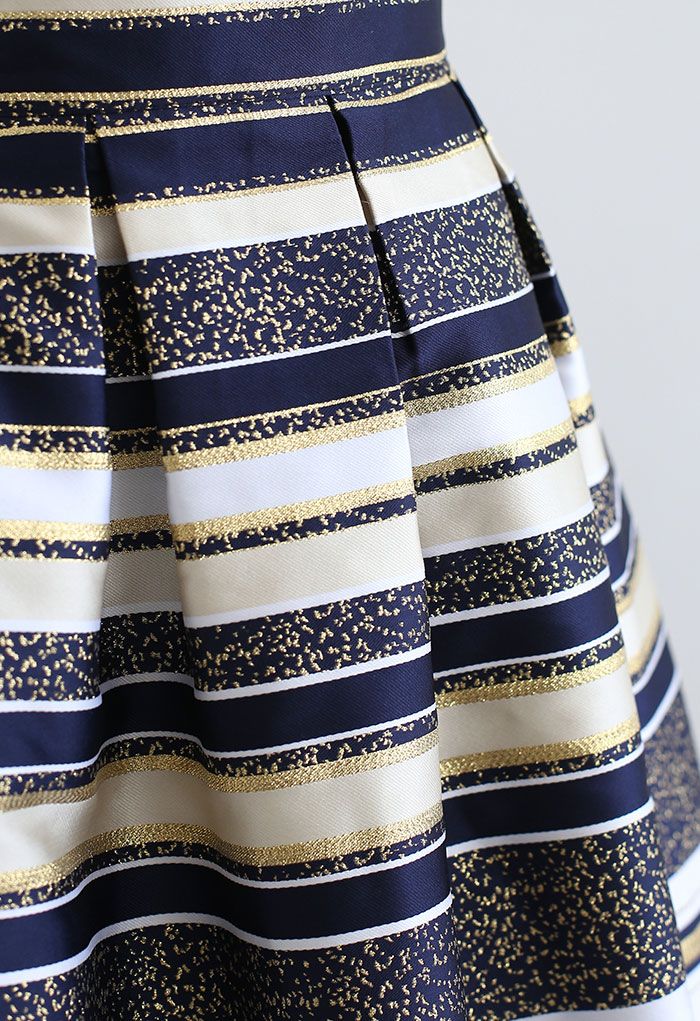Horizontal Striped Jacquard Pleated Flare Skirt