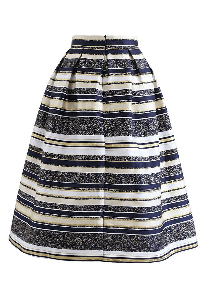 Horizontal Striped Jacquard Pleated Flare Skirt