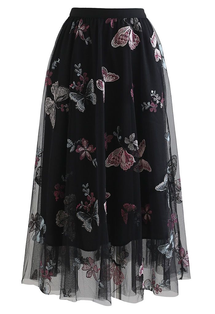 Black Butterfly Embroidered Double-Layered Mesh Skirt