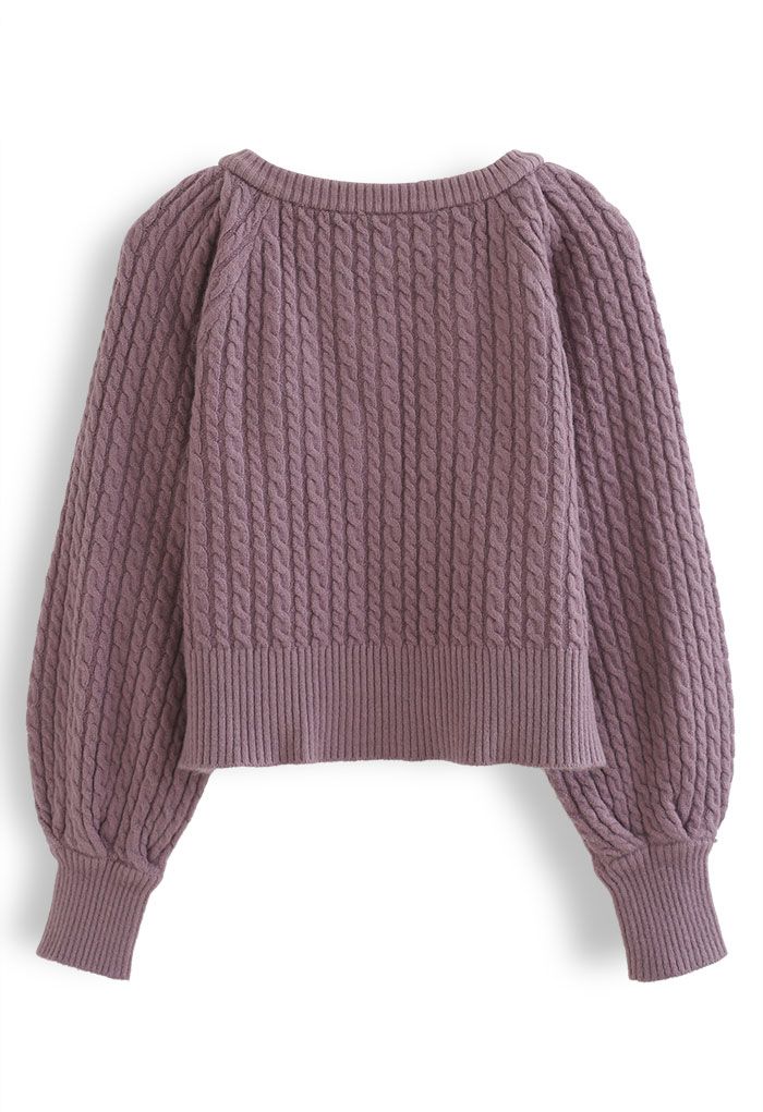 Cardigan court boutonné en tricot tressé en violet