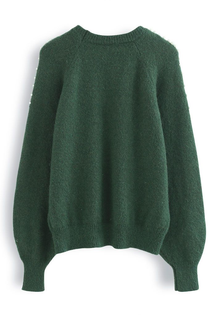 Pull en tricot flou aux épaules nacrées en vert