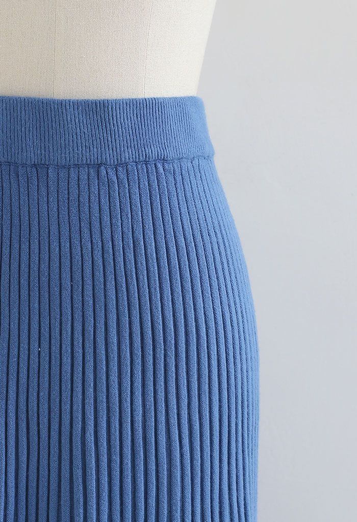 Jupe en Tricot Taille Haute à Ventilation Latérale en Bleu