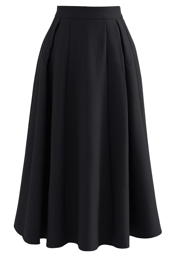 Jupe mi-longue plissée trapèze fonctionnelle en noir