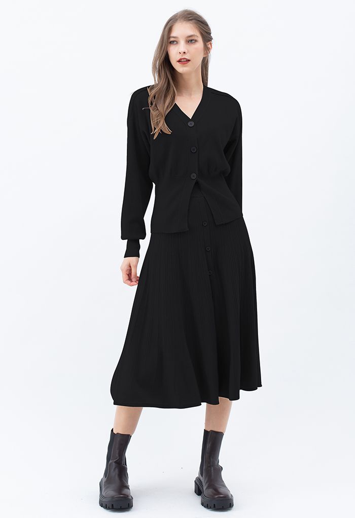 Ensemble cardigan et jupe en tricot confortable et polyvalent en noir