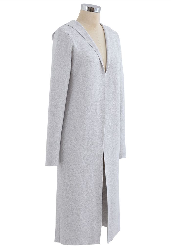 Cardigan long en tricot à capuche ouvert sur le devant en gris