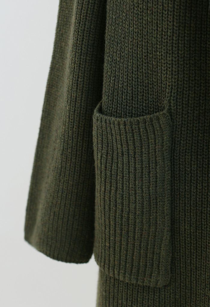 Cardigan long en tricot côtelé à revers larges vert armée