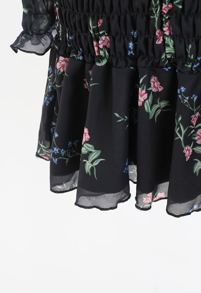 Mini robe à volants froncés Bouquet en noir