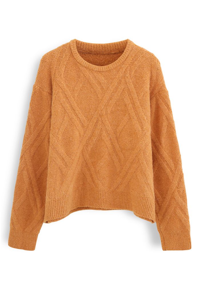 Pull en tricot pelucheux à motif entrecroisé en orange