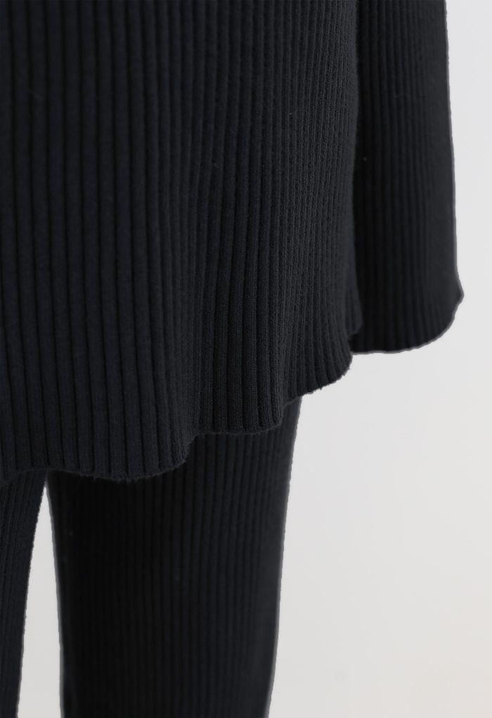 Ensemble pull et pantalon en tricot côtelé à ourlet fendu en noir