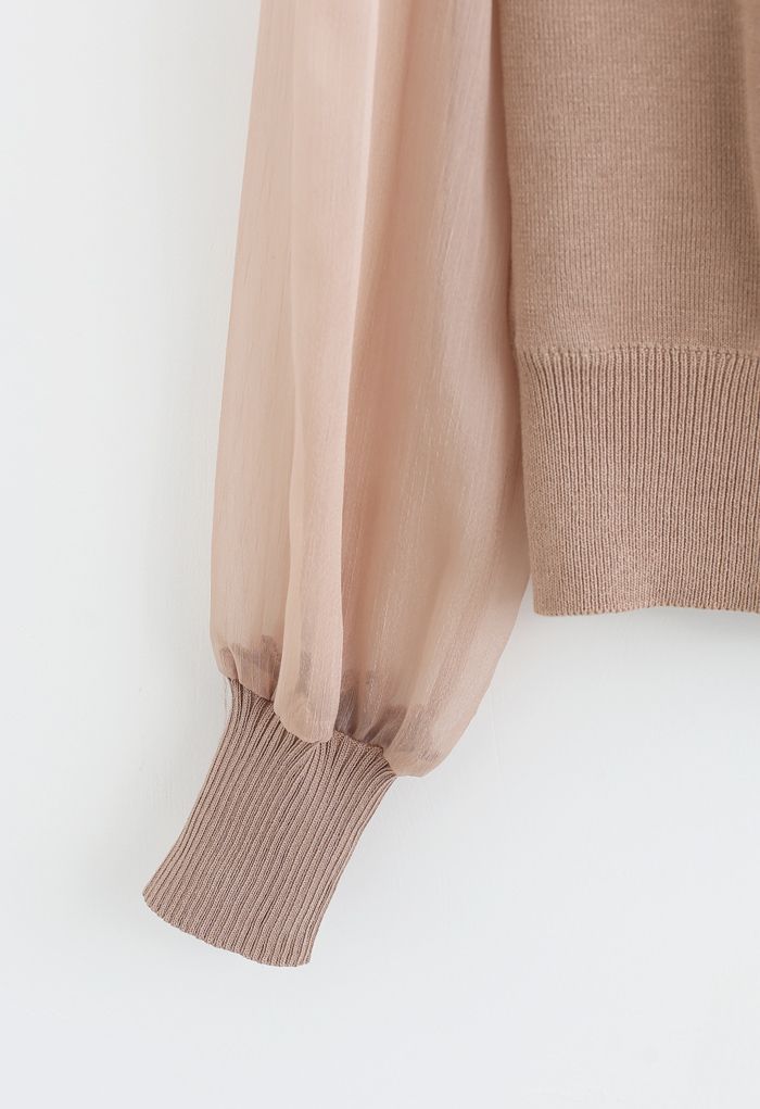Haut en tricot enveloppé à manches transparentes en vieux rose