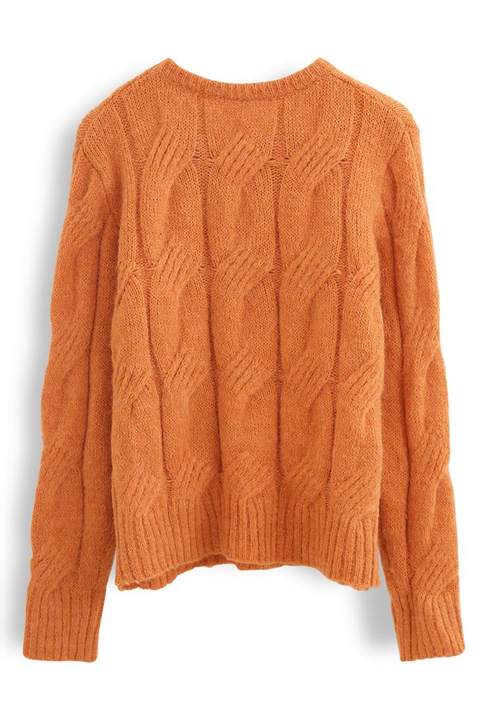 Pull en tricot torsadé à col ras du cou flou en orange
