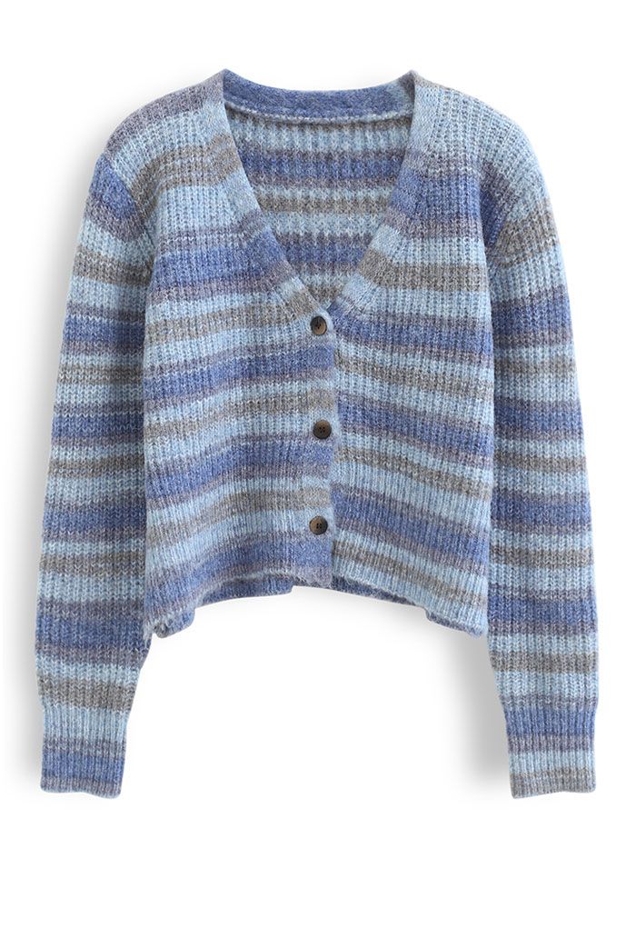 Cardigan en tricot court boutonné à rayures en bleu