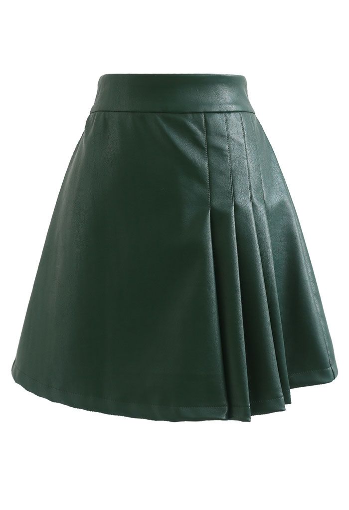Mini-jupe plissée en similicuir vert foncé