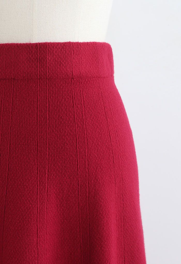 Jupe mi-longue en tricot texturé à ourlet évasé en rouge