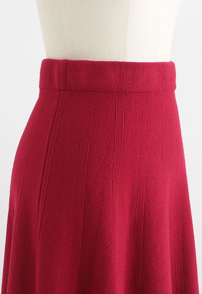 Jupe mi-longue en tricot texturé à ourlet évasé en rouge