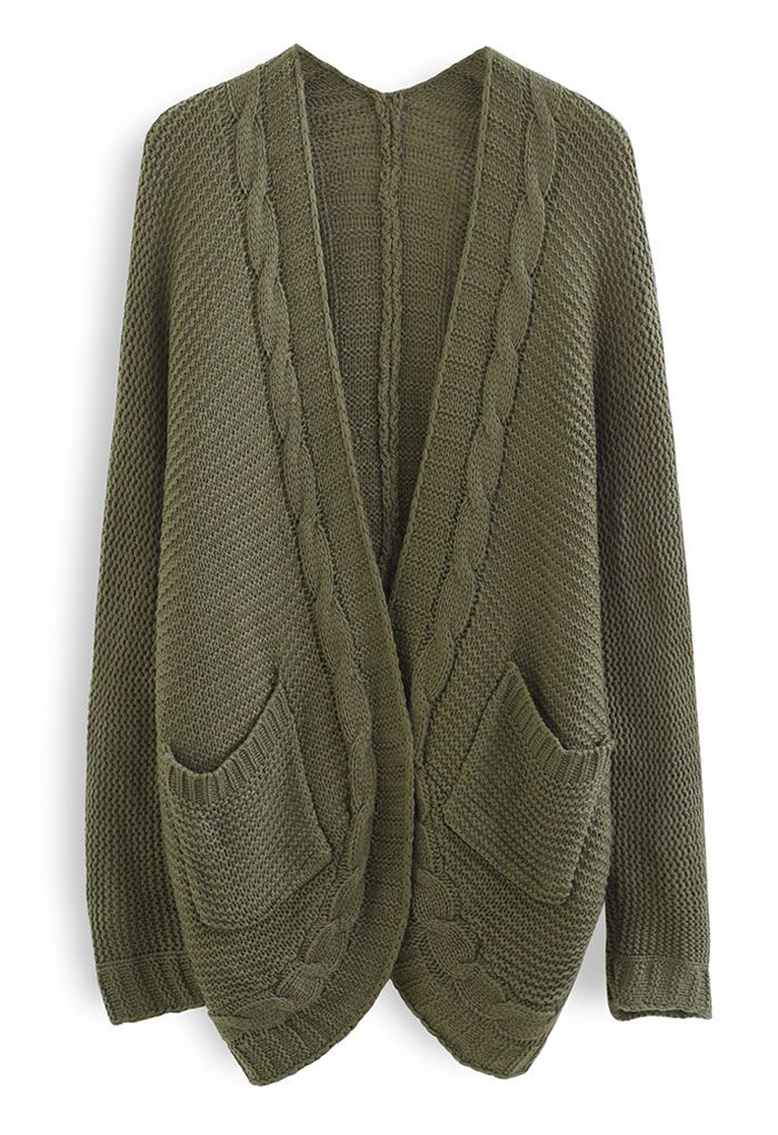 Cardigan en tricot tressé avec poche avant ouverte en vert armée