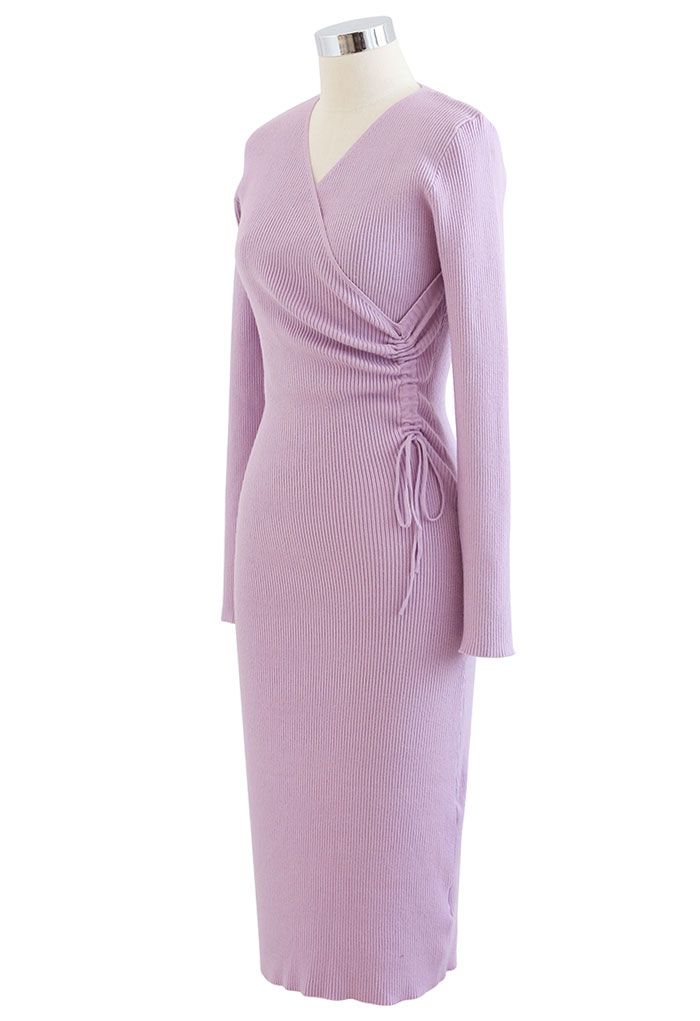 Drawstring Side Wrap Bust Knit Midi Dress in Lavender