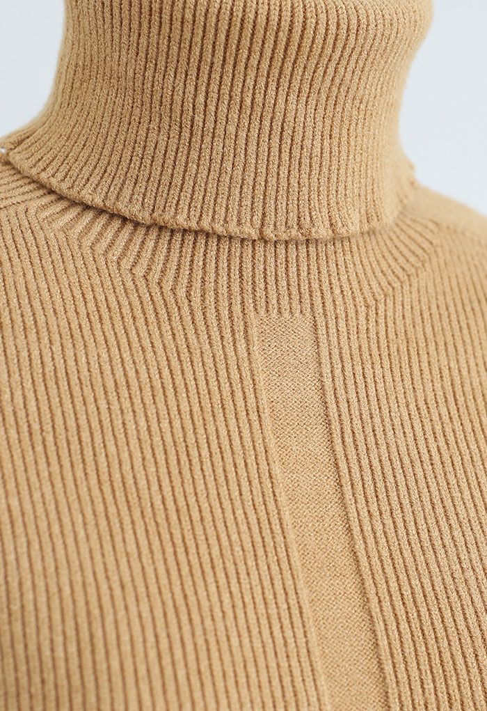 Tan Turtleneck Ribbed Knit Sweater