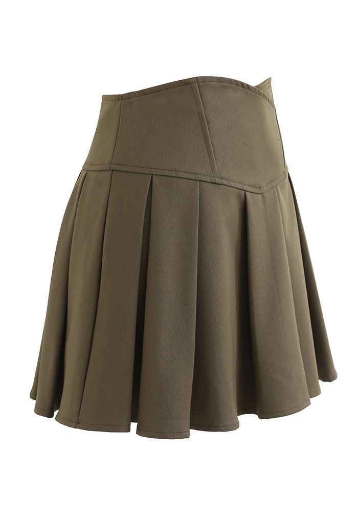 Mini-jupe plissée à taille corset en olive