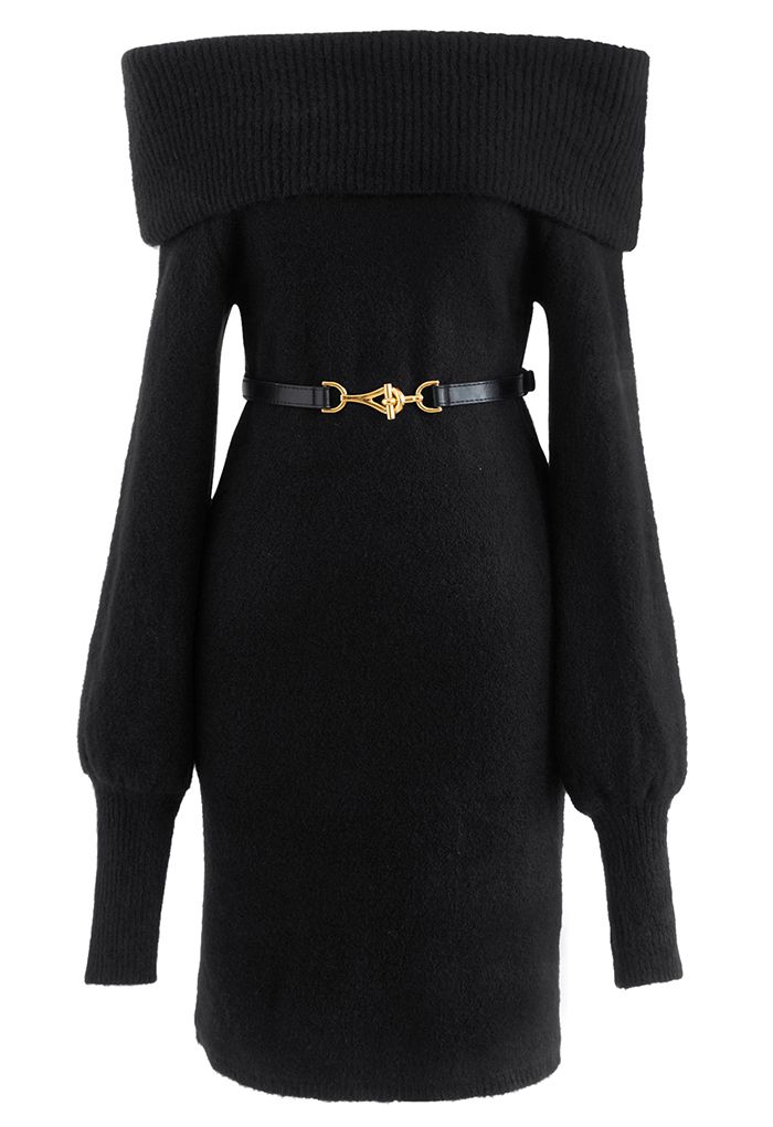 Mini-robe ceinturée en tricot doux à épaules dénudées en noir