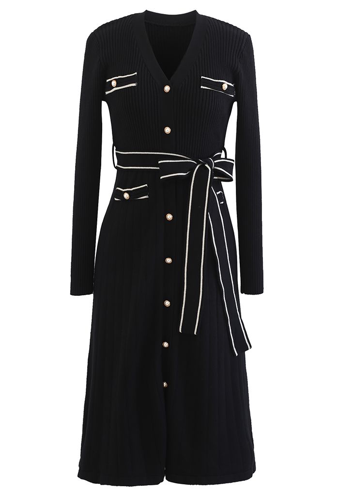 Robe en maille boutonnée à lignes contrastées scintillantes en noir