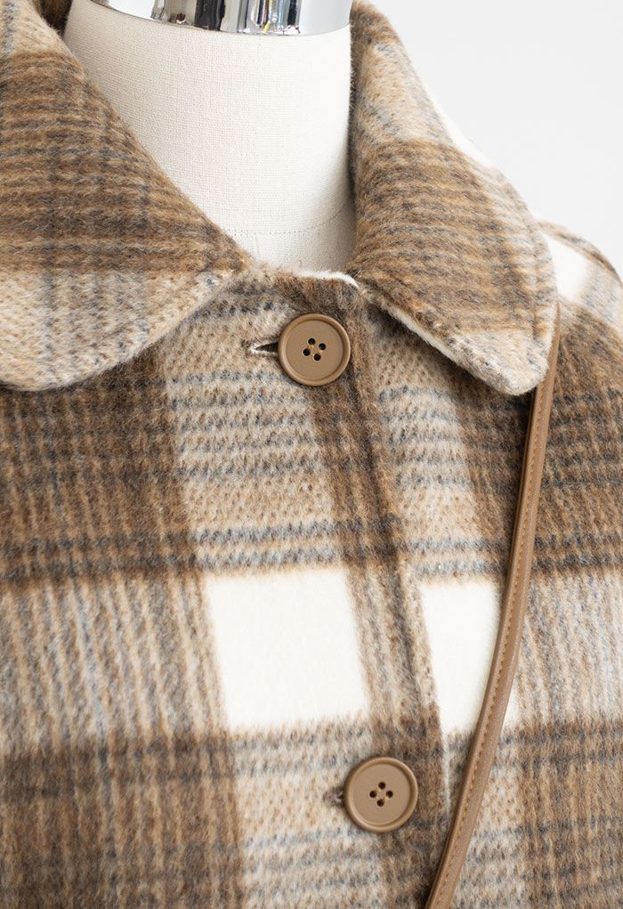 Manteau long en laine mélangée à carreaux avec étui de téléphone à bandoulière en fauve clair